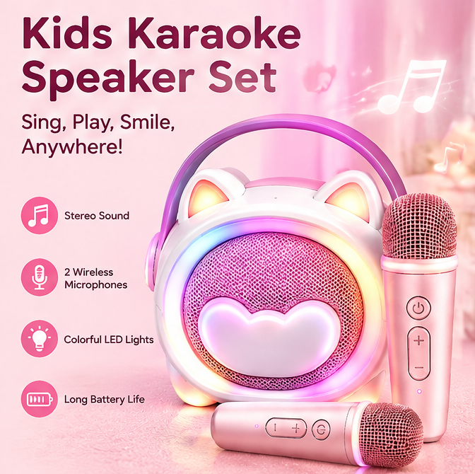 🐱 CKRIVIAN® Cute Cat Ear Karaoke Machine for Kids – Dual Wireless Microphones