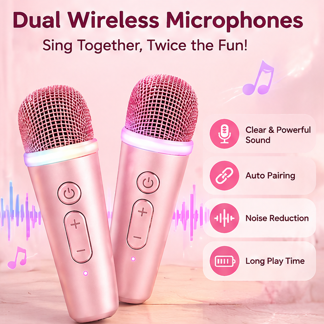 🐱 CKRIVIAN® Cute Cat Ear Karaoke Machine for Kids – Dual Wireless Microphones