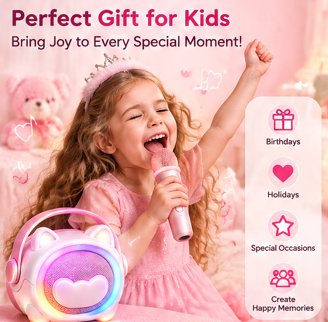 🐱 CKRIVIAN® Cute Cat Ear Karaoke Machine for Kids – Dual Wireless Microphones