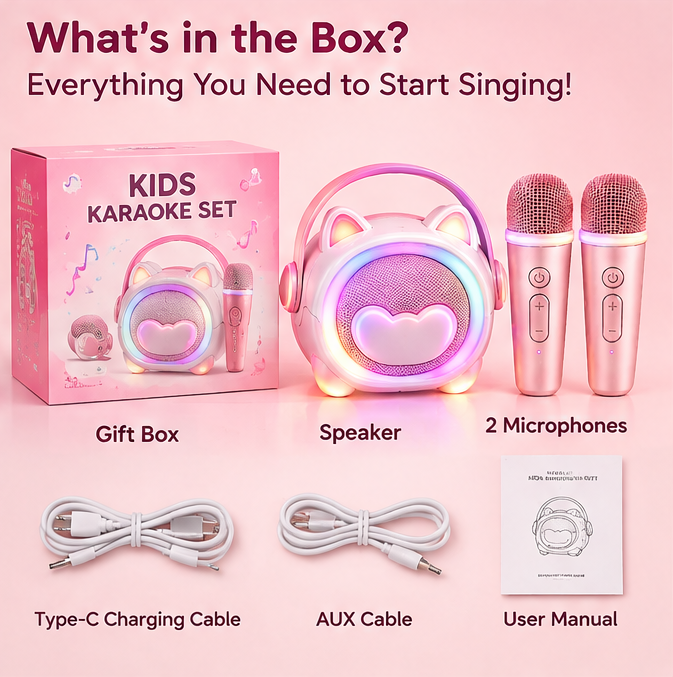 🐱 CKRIVIAN® Cute Cat Ear Karaoke Machine for Kids – Dual Wireless Microphones