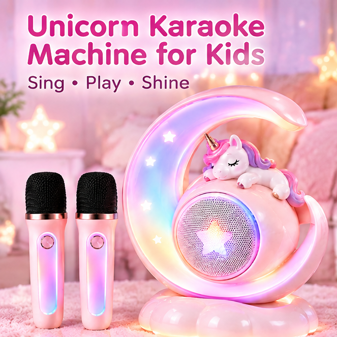 🌙 CKRIVIAN® Unicorn Crescent Moon Karaoke Machine for Kids – Dual Wireless Microphones