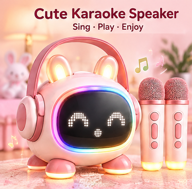 🐰 CKRIVIAN® Glowing Bunny Karaoke Machine – Pixel Expression Screen & Dual Mics