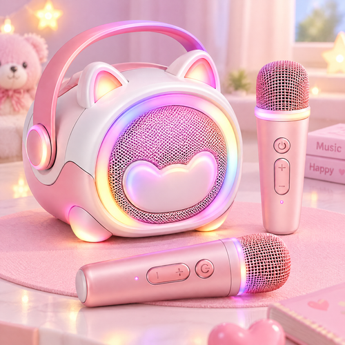 🐱 CKRIVIAN® Cute Cat Ear Karaoke Machine for Kids – Dual Wireless Microphones