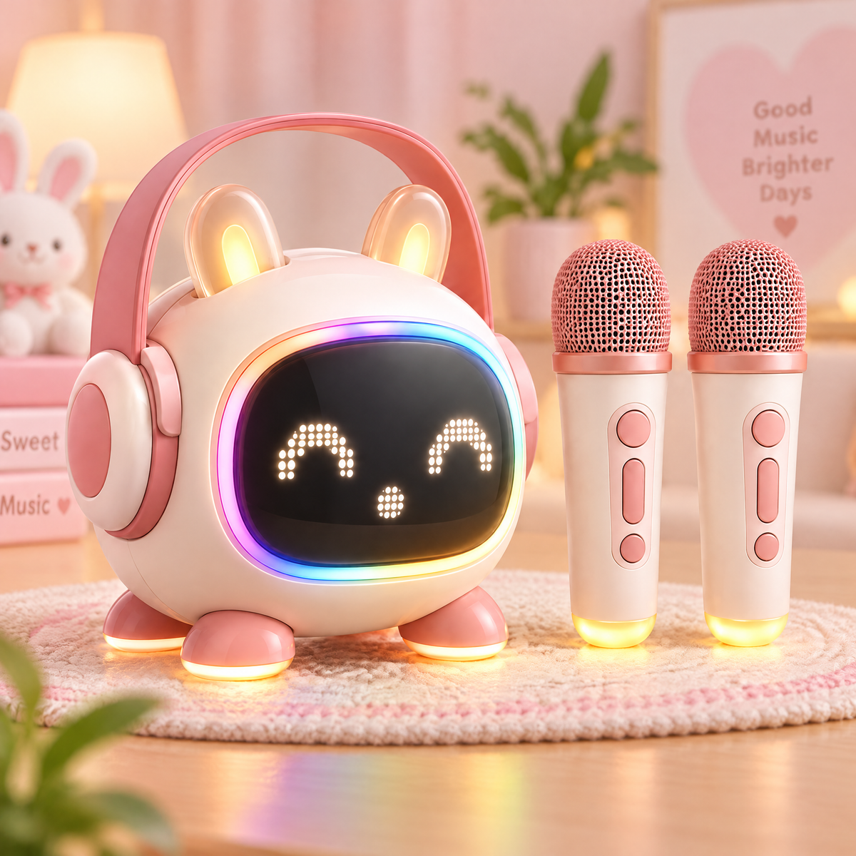 🐰 CKRIVIAN® Glowing Bunny Karaoke Machine – Pixel Expression Screen & Dual Mics