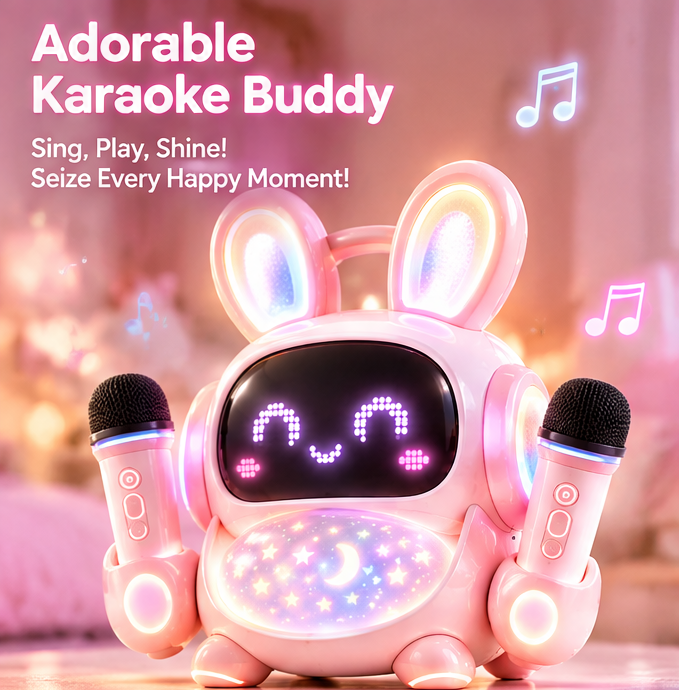 🎤 CKRIVIAN® 9-in-1 Bunny Karaoke Machine – Dual Wireless Mics, Starry Projector & LED Emoji Lights