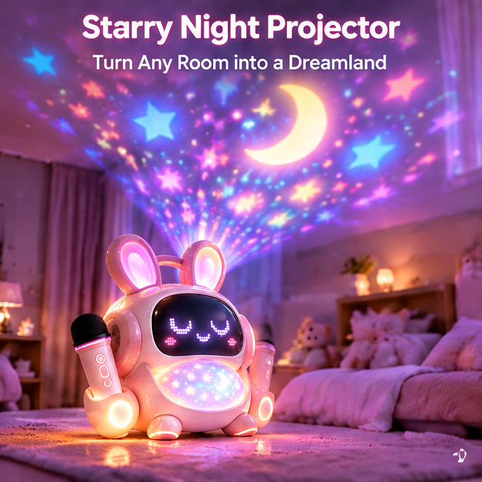 🎤 CKRIVIAN® 9-in-1 Bunny Karaoke Machine – Dual Wireless Mics, Starry Projector & LED Emoji Lights