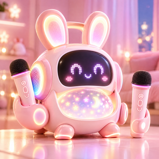 🎤 CKRIVIAN® 9-in-1 Bunny Karaoke Machine – Dual Wireless Mics, Starry Projector & LED Emoji Lights