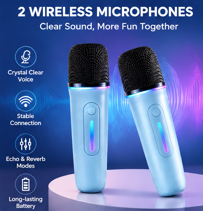 🎵 CKRIVIAN® Portable RGB Karaoke Machine – 2 Echo-Control Wireless Microphones