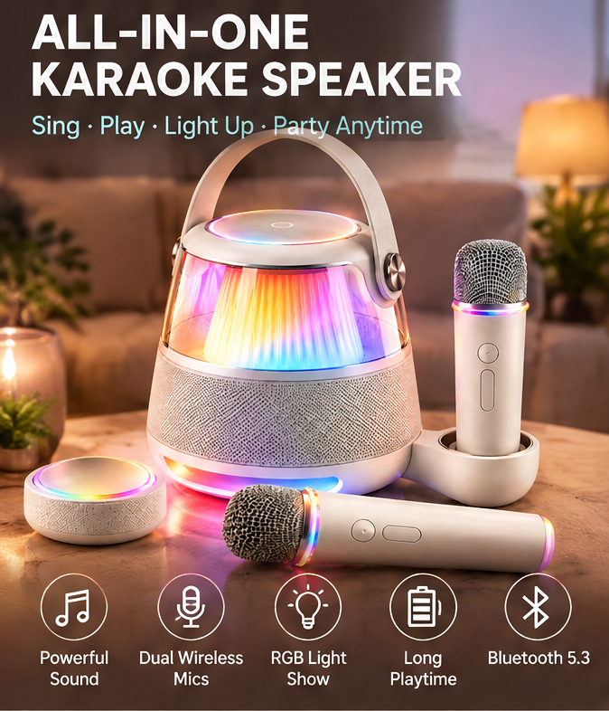 🎮 CKRIVIAN® Portable RGB Karaoke Machine – Removable Wireless Controller & 2 Mics