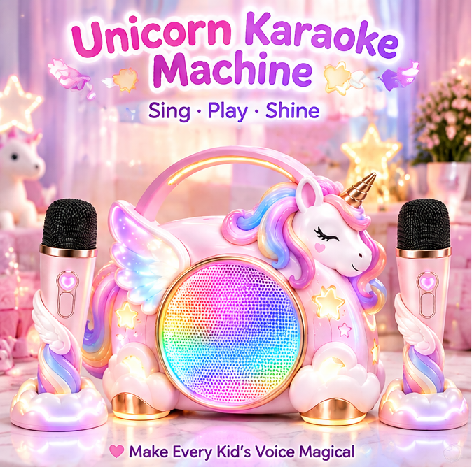 🦄 CKRIVIAN® Magical Unicorn Karaoke Machine – Dual Wireless Microphones & Voice Changer